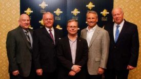 This year's SSI Hall of Fame inductees (left to right) Pat Communale, David Carter, Stanley Oppenheim and Donald Young are joined by Matthew Ladd, who accepted the honor for his late father Keith Ladd.