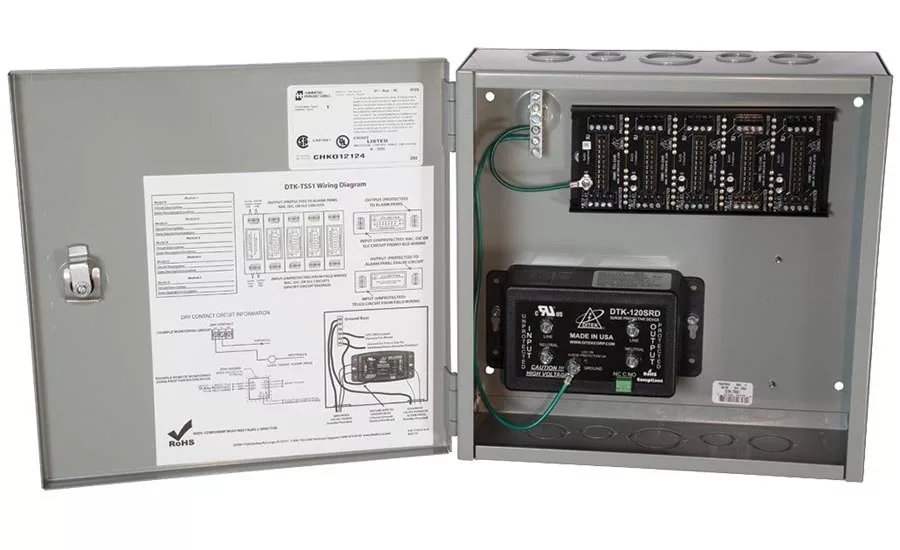 The Ditek DKT-TSS1 provides surge protection for 120 V system power with dry contacts for alarm monitoring as well as up to 10 pairs of SLC, IDC or NAC circuits
