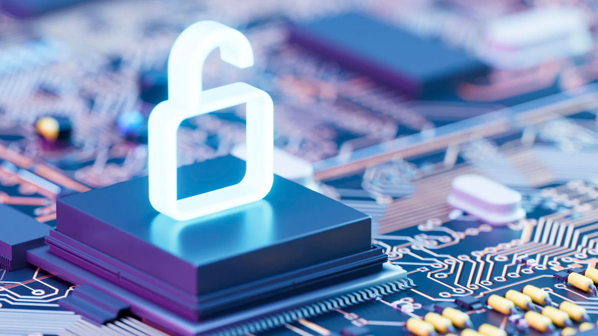 A glowing unlocked padlock symbol stands on a microchip on a circuit board, representing cybersecurity or data access.