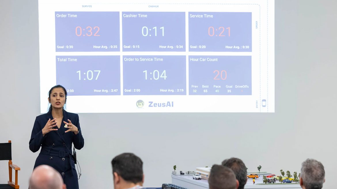A woman presents metrics dashboard to an audience