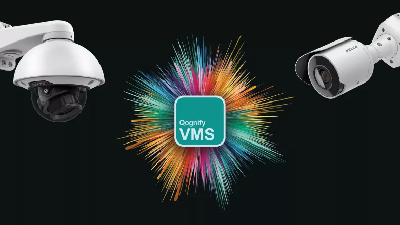 image of qognify's logo with a monitoring camera on either side