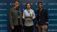 Hackathon Winner Thomas Kreutz flanked by Milestones Roland Harwood, Community Lead - Hafnia and Chintan Shah, Product Line Manager at NVIDIA