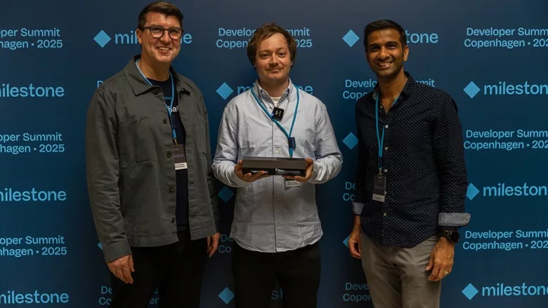 Hackathon Winner Thomas Kreutz flanked by Milestones Roland Harwood, Community Lead - Hafnia and Chintan Shah, Product Line Manager at NVIDIA