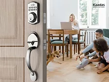 image of electronic lock in foreground with family sitting inside the home in the background