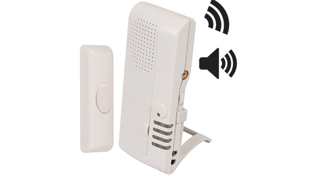 wireless doorbell button with 4-channel voice receiver (STI-V34600) alerts users when a guest or customer is waiting. 